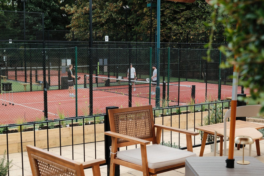 Yetz Café terrace overlooking the padel courts at PadelX The Ponsbourne Club, Hertford