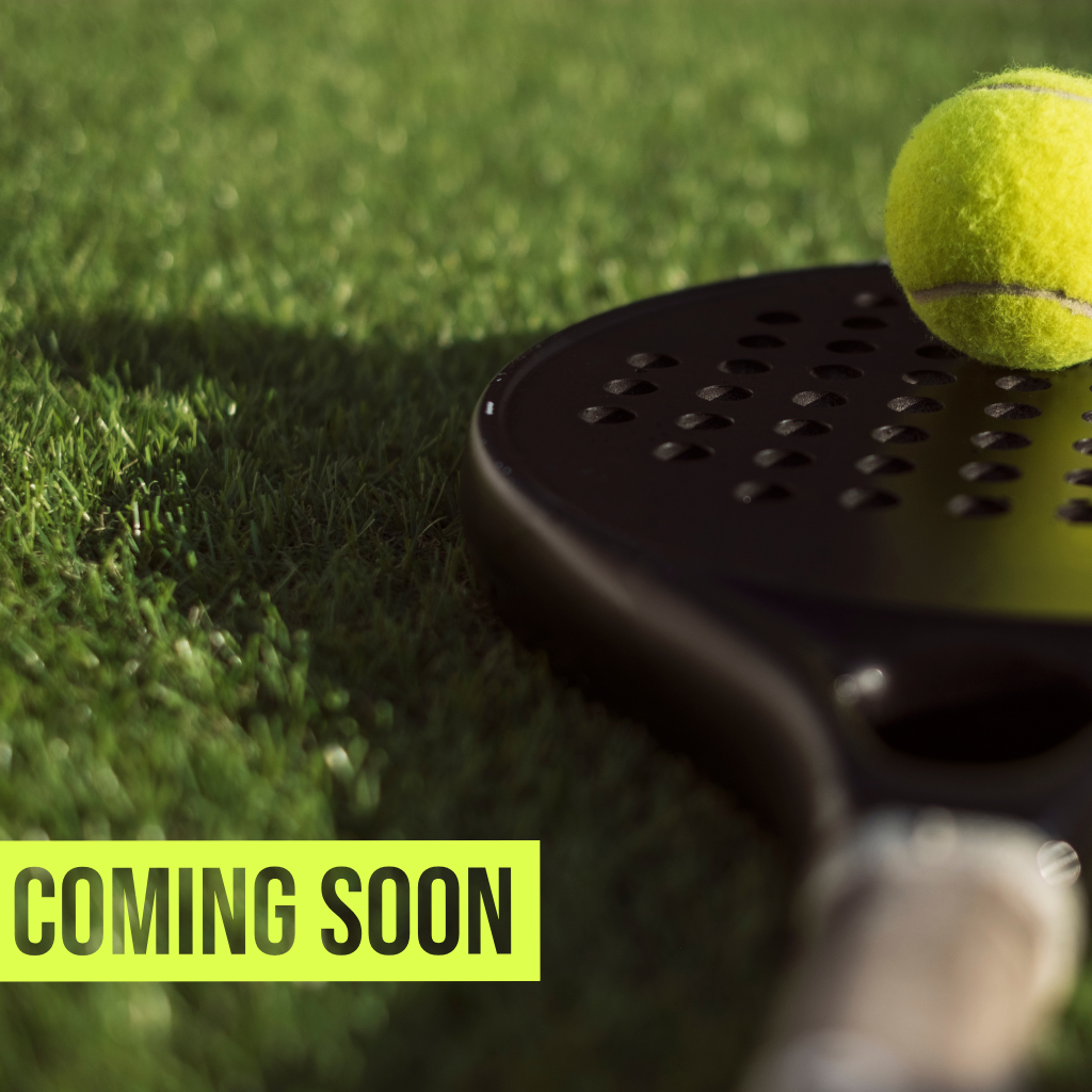 Padel racket with a tennis ball on grass, 'COMING SOON' text overlay