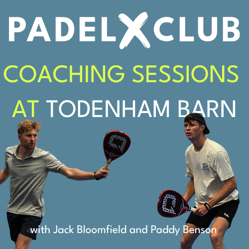 Advertisement for Padel X Club coaching sessions at Todenharn Barn featuring two people with padel tennis rackets.
