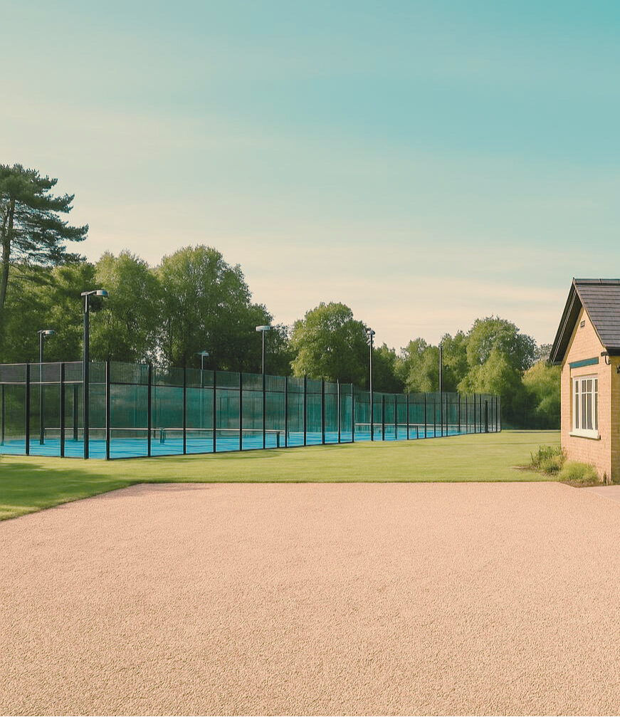 Outdoor padel courts mock-up with gravel in the foreground and grass surround