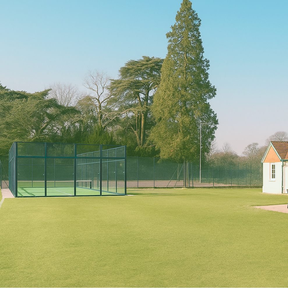 Outdoor padel courts on a sunny day with trees in the background and lawn in front