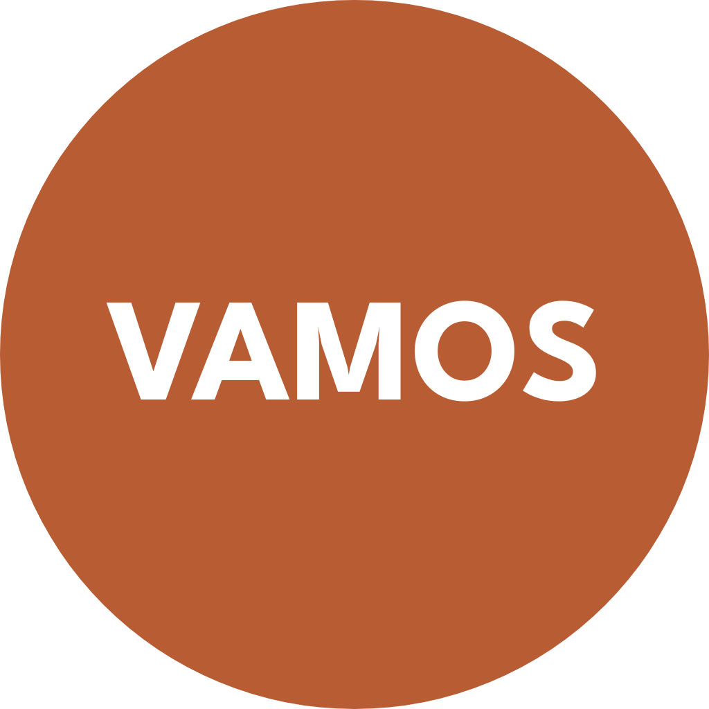 Terracotta circle with 'VAMOS' text in white