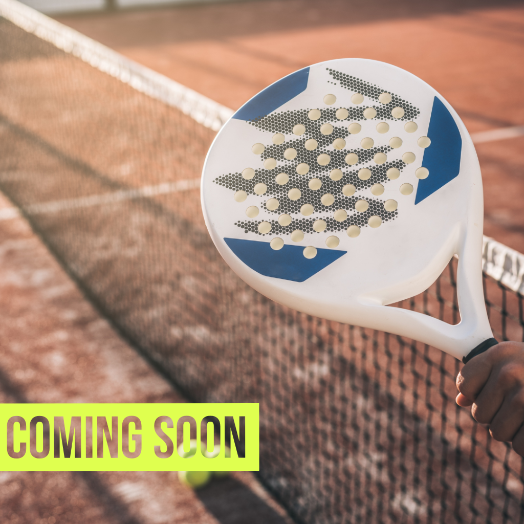 Padel racket held over a padel net with 'COMING SOON' text overlay