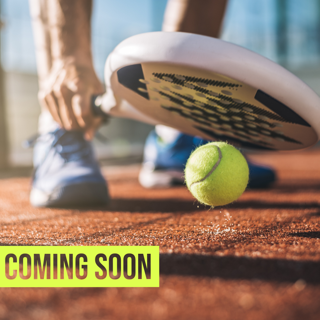 A man bounces a ball from a padel racket close to the ground, with a 'COMING SOON' text overlay