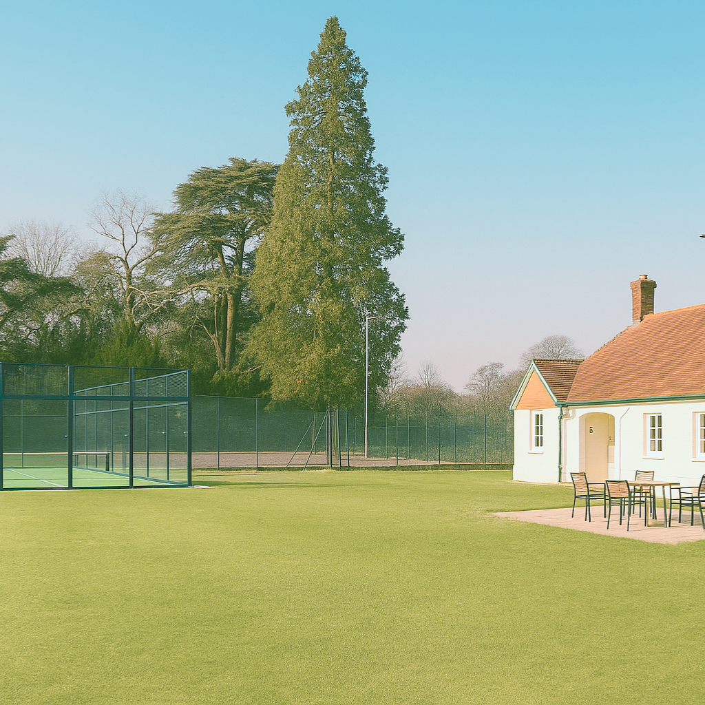 Padel court with a clubhouse and trees in the background