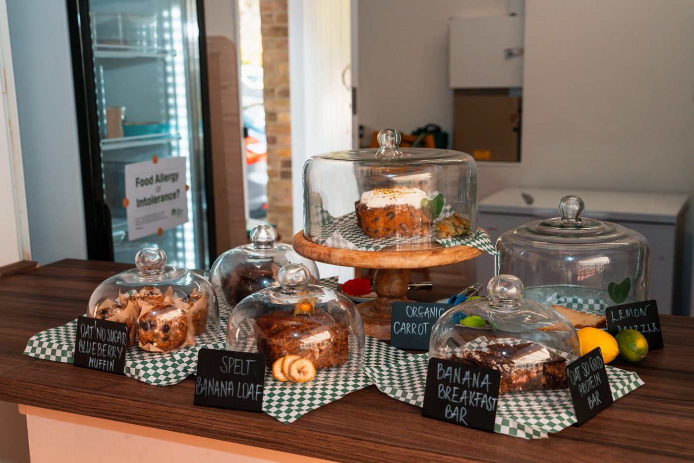 Cakes and bakes under glass domes on the Yetz Café counter